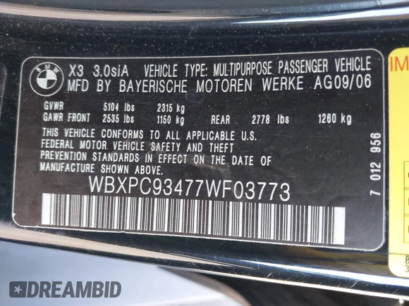 2007 BMW X3 3.0si with VIN WBXPC93477WF03773, listed as a IAAI auction lot 42055387 with 136,021 mi miles and . Bid and sale history available at DreamBid. Image 9.
