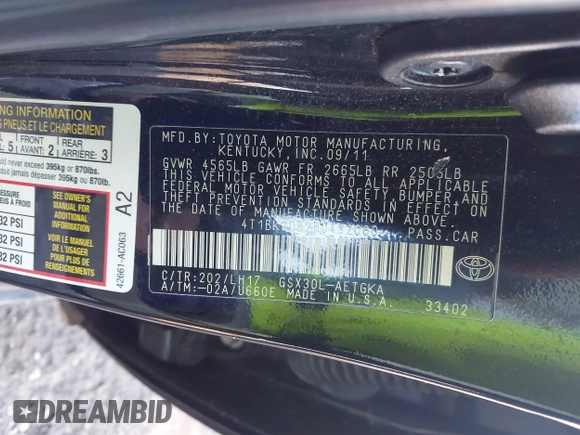 2011 Toyota Avalon with VIN 4T1BK3DB2BU432080, listed as a IAAI auction lot 41558444 with 91,565 mi miles and . Bid and sale history available at DreamBid. Image 9.
