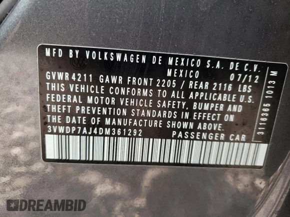 2013 Volkswagen Jetta SE z VIN 3VWDP7AJ4DM361292, wystawiony jako Copart lot #55861875 z przebiegiem 97 771 mil mil oraz Czysty tytuł • Clean title. Historia ofert i sprzedaży dostępna na DreamBid. Obrazek 12.