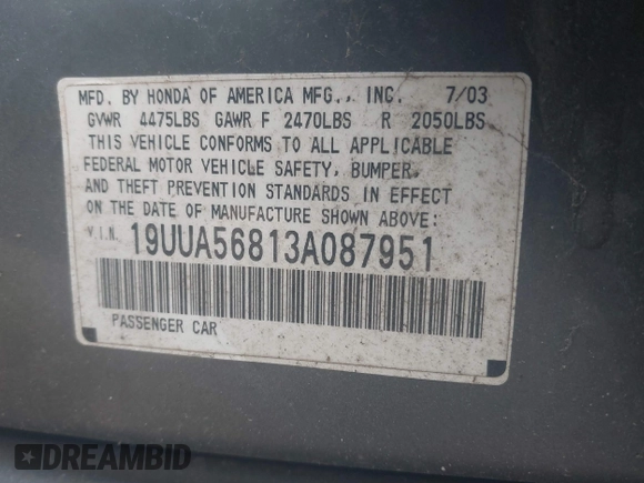 2003 Acura TL Type S with VIN 19UUA56813A087951, listed as a IAAI auction lot 41780617 with 106,898 mi miles. Bid and sale history available at carsss.com. Image 9.