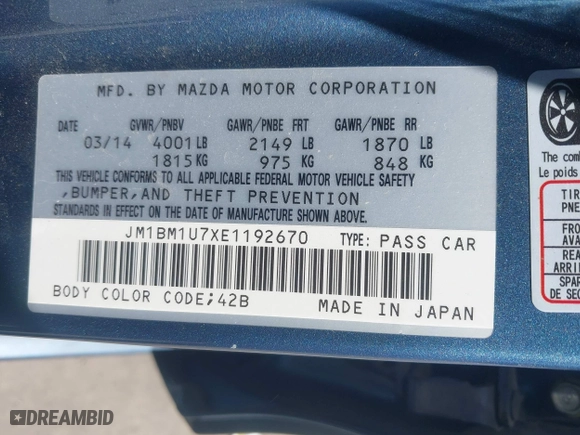 2014 Mazda Mazda3 i Sport with VIN JM1BM1U7XE1192670, listed as a IAAI auction lot 41991826 with 98,987 mi miles. Bid and sale history available at carsss.com. Image 9.
