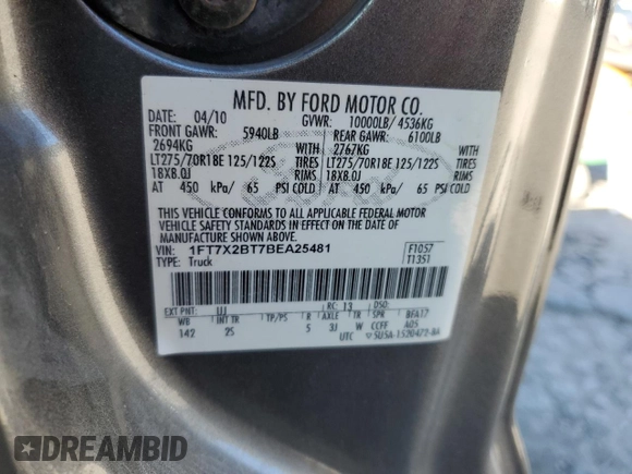 2011 Ford F-250 XL with VIN 1FT7X2BT7BEA25481, listed as a Copart auction lot 77170364 with 153,337 mi miles and Salvage Title. Bid and sale history available at DreamBid. Image 13.