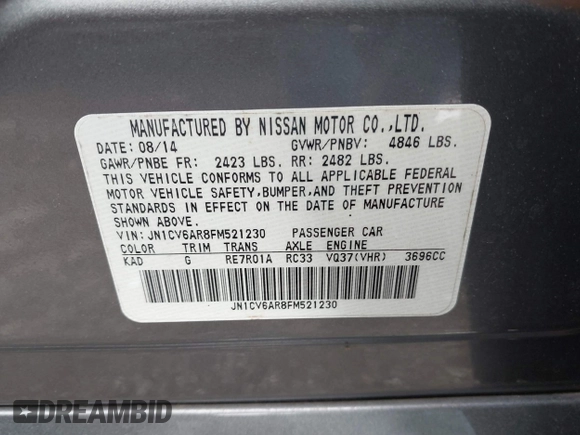 2015 Infiniti Q40 with VIN JN1CV6AR8FM521230, listed as a IAAI auction lot 42191081 with 109,536 mi miles and . Bid and sale history available at DreamBid. Image 9.
