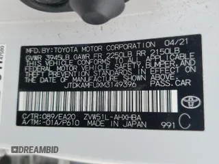 2021 Toyota Prius L Eco with VIN JTDKAMFUXM3149396, listed as a Copart auction lot 61874195 with 126,473 mi miles and Salvage title. Bid and sale history available at DreamBid. Image 13.