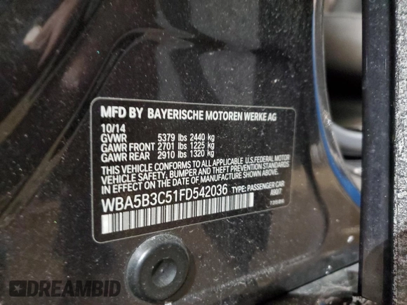 2015 BMW 5 Series 535i xDrive with VIN WBA5B3C51FD542036, listed as a Copart auction lot 41739815 with Not Provided miles and Salvage Title. Bid and sale history available at carsss.com. Image 14.