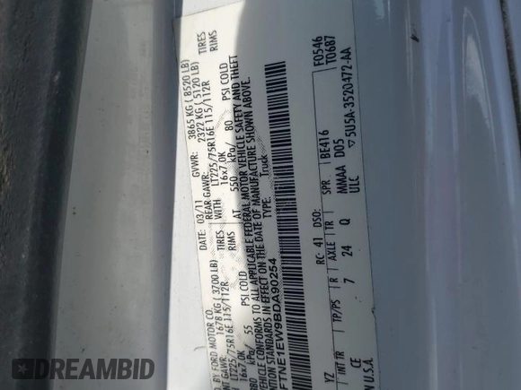 2011 Ford Econoline Cargo Commercial with VIN 1FTNE1EW9BDA90254, listed as a Copart auction lot 41644605 with Not Provided miles and Salvage Title. Bid and sale history available at DreamBid. Image 13.