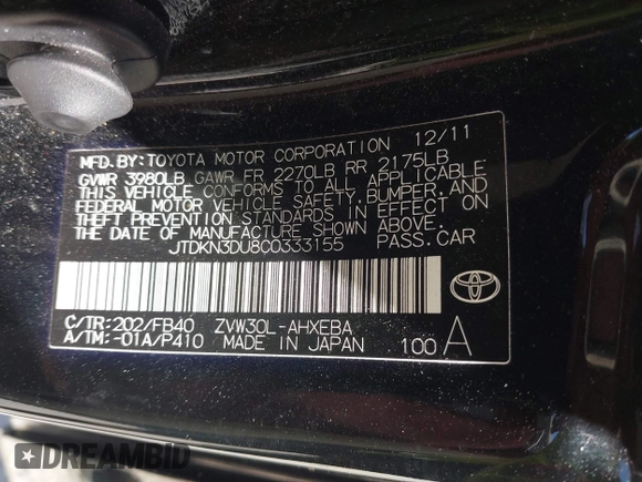 2012 Toyota Prius One with VIN JTDKN3DU8C0333155, listed as a IAAI auction lot 42062427 with 190,320 mi miles. Bid and sale history available at carsss.com. Image 9.