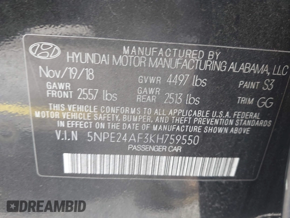 2019 Hyundai Sonata SE with VIN 5NPE24AF3KH759550, listed as a IAAI auction lot 42223661 with 49,158 mi miles and . Bid and sale history available at DreamBid. Image 9.