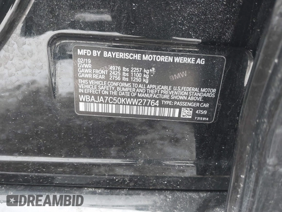 2019 BMW 5 Series 530i xDrive with VIN WBAJA7C50KWW27764, listed as a IAAI auction lot 41550455 with Not provided miles and . Bid and sale history available at DreamBid. Image 9.