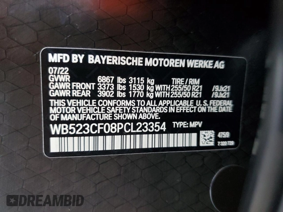 2023 BMW iX xDrive50 z VIN WB523CF08PCL23354, wystawiony jako Copart lot #67861052 z przebiegiem 718 mil mil oraz . Historia ofert i sprzedaży dostępna na DreamBid. Obrazek 13.