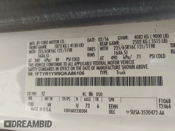 2016 Ford Transit Cargo with VIN 1FTYR1YM9GKA86106, listed as a IAAI auction lot 41943153 with 132,443 mi miles and . Bid and sale history available at DreamBid. Image 9.