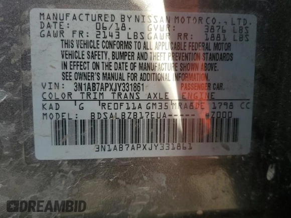 2018 Nissan Sentra S with VIN 3N1AB7APXJY331861, listed as a Copart auction lot 53319765 with 105,068 mi miles and Salvage Title. Bid and sale history available at DreamBid. Image 12.
