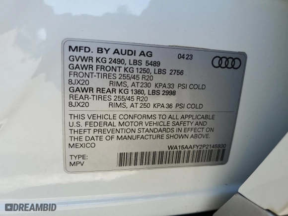 2023 Audi Q5 Sportback S line Premium Plus with VIN WA15AAFY2P2145930, listed as a Copart auction lot 69888324 with 15,821 mi miles and Salvage Title. Bid and sale history available at carsss.com. Image 14.
