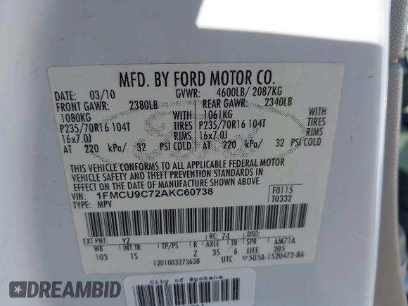 2010 Ford Escape XLS with VIN 1FMCU9C72AKC60738, listed as a IAAI auction lot 42763479 with 171,465 mi miles and . Bid and sale history available at DreamBid. Image 9.