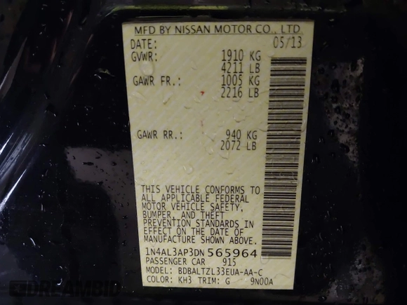 2013 Nissan Altima SV with VIN 1N4AL3AP3DN565964, listed as a IAAI auction lot 42519726 with 90,480 mi miles and . Bid and sale history available at DreamBid. Image 9.