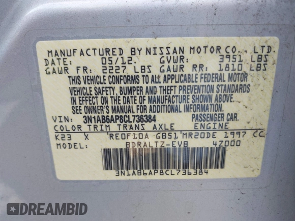 2012 Nissan Sentra S with VIN 3N1AB6AP8CL736384, listed as a IAAI auction lot 42155873 with 130,992 mi miles and . Bid and sale history available at DreamBid. Image 9.