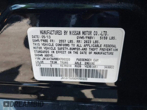 2014 Infiniti Q50 Hybrid Sport with VIN JN1AV7AR8EM700220, listed as a IAAI auction lot 41755814 with 133,154 mi miles. Bid and sale history available at carsss.com. Image 9.