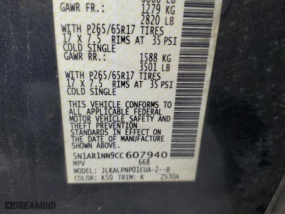 2012 Nissan Pathfinder SV with VIN 5N1AR1NN9CC607940, listed as a Copart auction lot 49207565 with 92,319 mi miles and Salvage Title. Bid and sale history available at carsss.com. Image 14.