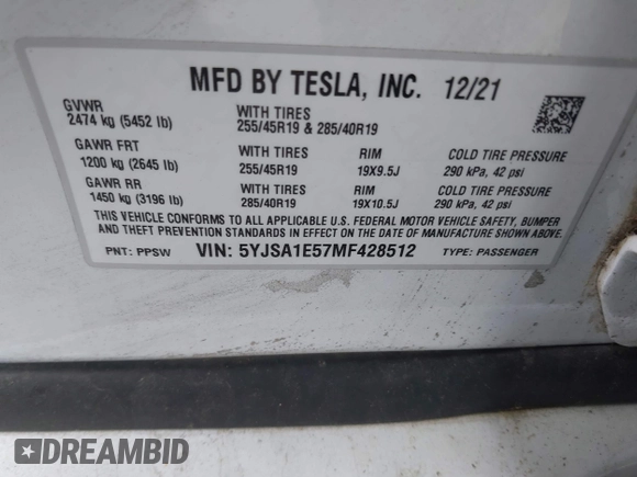 2021 Tesla Model S Long Range with VIN 5YJSA1E57MF428512, listed as a IAAI auction lot 42511020 with 29,611 mi miles and . Bid and sale history available at DreamBid. Image 9.