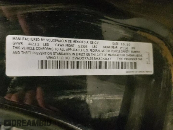 2011 Volkswagen Jetta Sedan SE with VIN 3VWDX7AJ5BM324037, listed as a Copart auction lot 87184494 with 163,143 mi miles and Salvage Title. Bid and sale history available at carsss.com. Image 12.