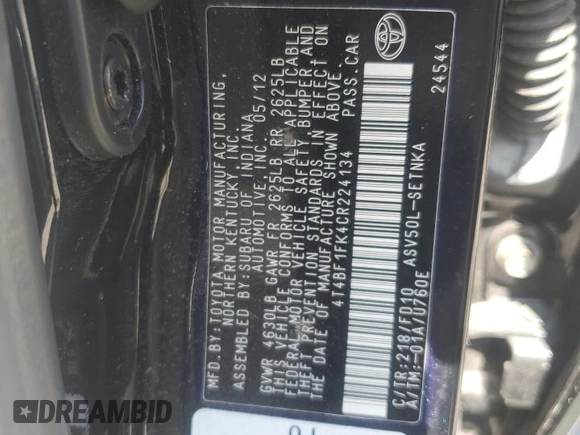2012 Toyota Camry L with VIN 4T4BF1FK4CR224134, listed as a Copart auction lot 53136745 with 89,579 mi miles and Salvage Title. Bid and sale history available at carsss.com. Image 12.