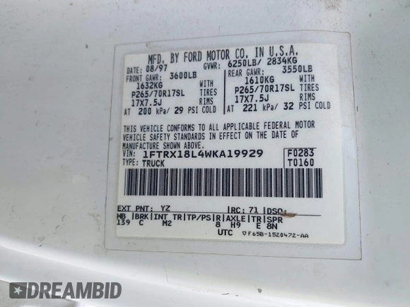 1998 Ford F-150 with VIN 1FTRX18L4WKA19929, listed as a IAAI auction lot 41573331 with 337,558 mi miles and . Bid and sale history available at DreamBid. Image 9.