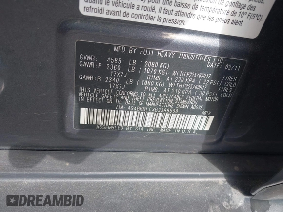 2011 Subaru Outback Limited Power Moon with VIN 4S4BRBLCXB3399500, listed as a IAAI auction lot 42636790 with 194,712 mi miles and . Bid and sale history available at DreamBid. Image 9.