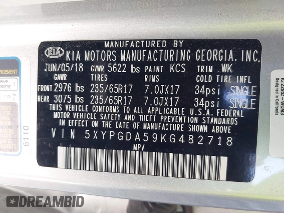 2019 Kia Sorento LX V6 with VIN 5XYPGDA59KG482718, listed as a IAAI auction lot 41732720 with 94,610 mi miles. Bid and sale history available at carsss.com. Image 9.