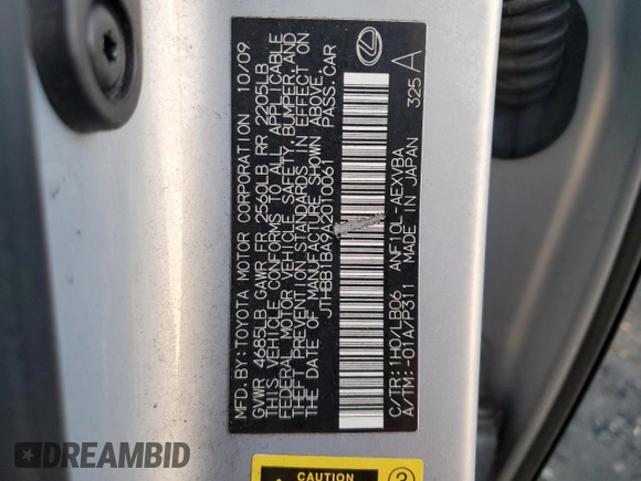 2010 Lexus HS 250h with VIN JTHBB1BA9A2010061, listed as a Copart auction lot 87490224 with 274,916 mi miles and Clean Title. Bid and sale history available at DreamBid. Image 12.