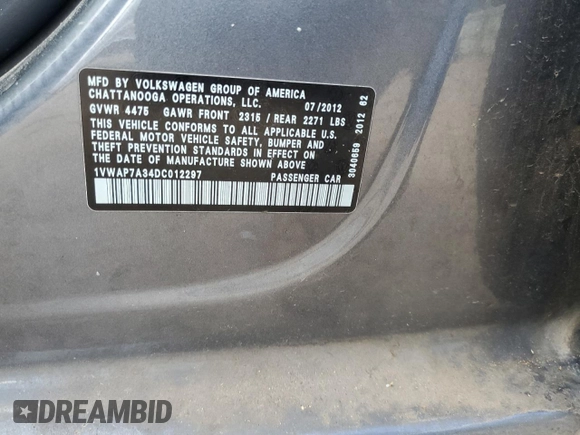 2013 Volkswagen Passat S with VIN 1VWAP7A34DC012297, listed as a Copart auction lot 60635515 with 157,647 mi miles and Salvage title. Bid and sale history available at DreamBid. Image 12.