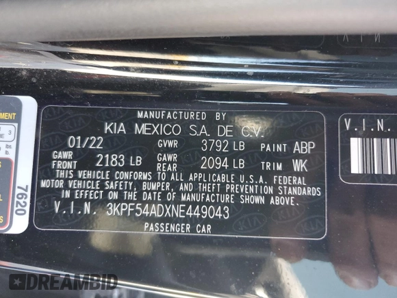 2022 Kia Forte GT-Line with VIN 3KPF54ADXNE449043, listed as a Copart auction lot 52156455 with 21,890 mi miles and Salvage Title. Bid and sale history available at carsss.com. Image 13.