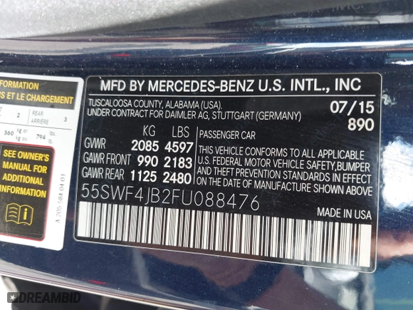 2015 Mercedes-Benz C-Class C 300 with VIN 55SWF4JB2FU088476, listed as a IAAI auction lot 41913454 with 145,179 mi miles. Bid and sale history available at carsss.com. Image 9.