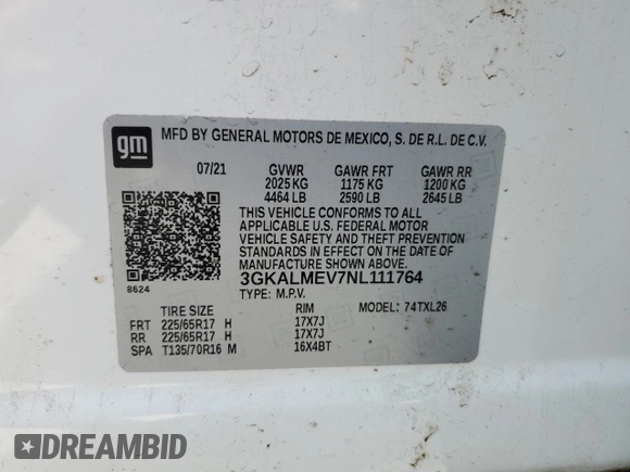 2022 GMC Terrain SLE with VIN 3GKALMEV7NL111764, listed as a Copart auction lot 57487815 with 47,373 mi miles and Salvage title. Bid and sale history available at DreamBid. Image 13.