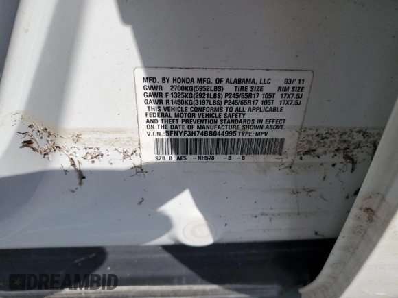 2011 Honda Pilot EX-L with VIN 5FNYF3H74BB044995, listed as a Copart auction lot 80555974 with Not Provided miles and Non Repairable. Bid and sale history available at DreamBid. Image 14.