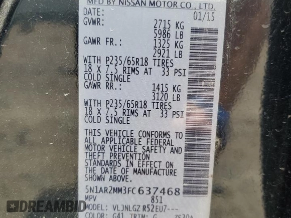 2015 Nissan Pathfinder Platinum with VIN 5N1AR2MM3FC637468, listed as a Copart auction lot 57300945 with 155,378 mi miles and Salvage title. Bid and sale history available at DreamBid. Image 14.