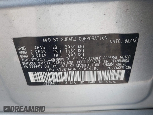 2019 Subaru Legacy Special Sports z VIN 4S3BNAS68K3004560, wystawiony jako IAAI lot #42155572 z przebiegiem 50 447 mil mil oraz . Historia ofert i sprzedaży dostępna na DreamBid. Obrazek 9.