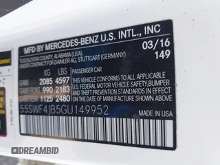 2016 Mercedes-Benz C 300 with VIN 55SWF4JB5GU149952, listed as a IAAI auction lot 42552980 with 65,274 mi miles and . Bid and sale history available at DreamBid. Image 9.