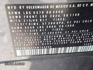 2019 Volkswagen Tiguan SE with VIN 3VV2B7AX3KM143968, listed as a IAAI auction lot 39838788 with 155,823 mi miles and . Bid and sale history available at DreamBid. Image 9.