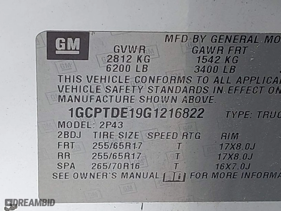 2016 Chevrolet Colorado 4WD Z71 with VIN 1GCPTDE19G1216822, listed as a IAAI auction lot 41862440 with 91,168 mi miles. Bid and sale history available at carsss.com. Image 9.