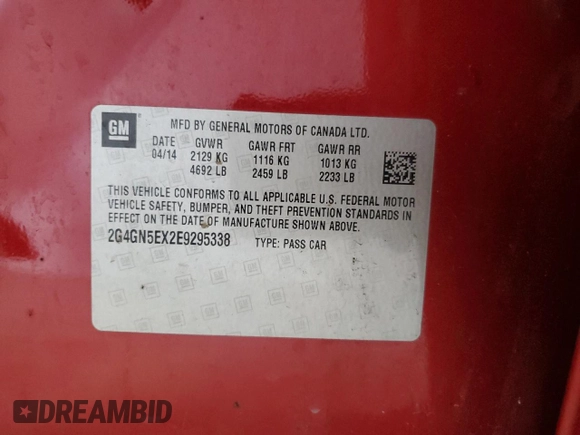 2014 Buick Regal Premium I with VIN 2G4GN5EX2E9295338, listed as a Copart auction lot 54765405 with 131,293 mi miles and Salvage title. Bid and sale history available at DreamBid. Image 12.