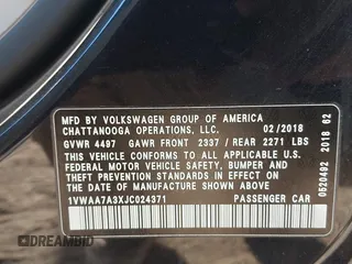 2018 Volkswagen Passat 2.0T S with VIN 1VWAA7A3XJC024371, listed as a IAAI auction lot 41399898 with 78,204 mi miles. Bid and sale history available at carsss.com. Image 9.