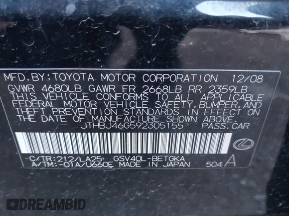 2009 Lexus ES 350 with VIN JTHBJ46G592305155, listed as a IAAI auction lot 41757976 with 170,059 mi miles. Bid and sale history available at carsss.com. Image 9.