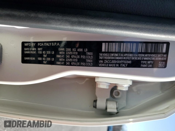 2017 Jeep Renegade Altitude with VIN ZACCJBBHXHPF82848, listed as a Copart auction lot 84945694 with 104,846 mi miles and Clean title. Bid and sale history available at DreamBid. Image 13.