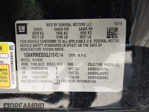 2016 GMC Acadia SLE with VIN 1GKKRNED5GJ184514, listed as a IAAI auction lot 42095125 with 120,682 mi miles and . Bid and sale history available at DreamBid. Image 9.