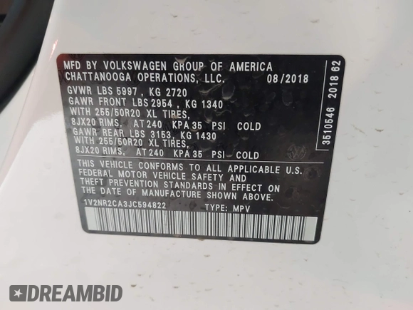 2018 Volkswagen Atlas SEL Premium with VIN 1V2NR2CA3JC594822, listed as a IAAI auction lot 42368854 with 60,688 mi miles and . Bid and sale history available at DreamBid. Image 9.