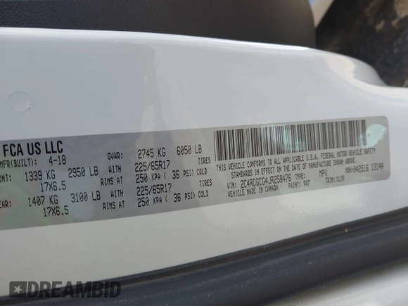 2018 Dodge Grand Caravan SXT with VIN 2C4RDGCG4JR258476, listed as a IAAI auction lot 42080257 with 158,203 mi miles and . Bid and sale history available at DreamBid. Image 9.