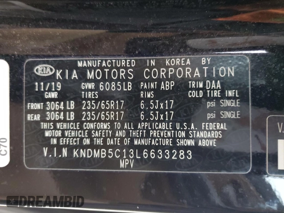 2020 Kia Sedona LX with VIN KNDMB5C13L6633283, listed as a Copart auction lot 46041775 with 83,065 mi miles and Salvage Title. Bid and sale history available at carsss.com. Image 14.