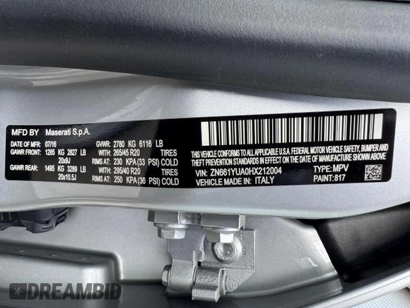 2017 Maserati Levante S с VIN ZN661YUA0HX212004, выставлен на аукционе Copart как лот 59280585 с пробегом 59 128 миль миль и Списание • Salvage title. История ставок и продаж доступна на DreamBid. Изображение 15.