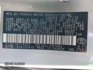 2012 Toyota Corolla L with VIN 2T1BU4EE3CC909059, listed as a IAAI auction lot 41681767 with Not Provided miles and . Bid and sale history available at carsss.com. Image 9.