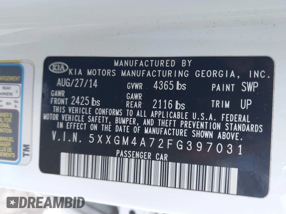 2015 Kia Optima LX with VIN 5XXGM4A72FG397031, listed as a IAAI auction lot 40628126 with 170,106 mi miles. Bid and sale history available at carsss.com. Image 9.